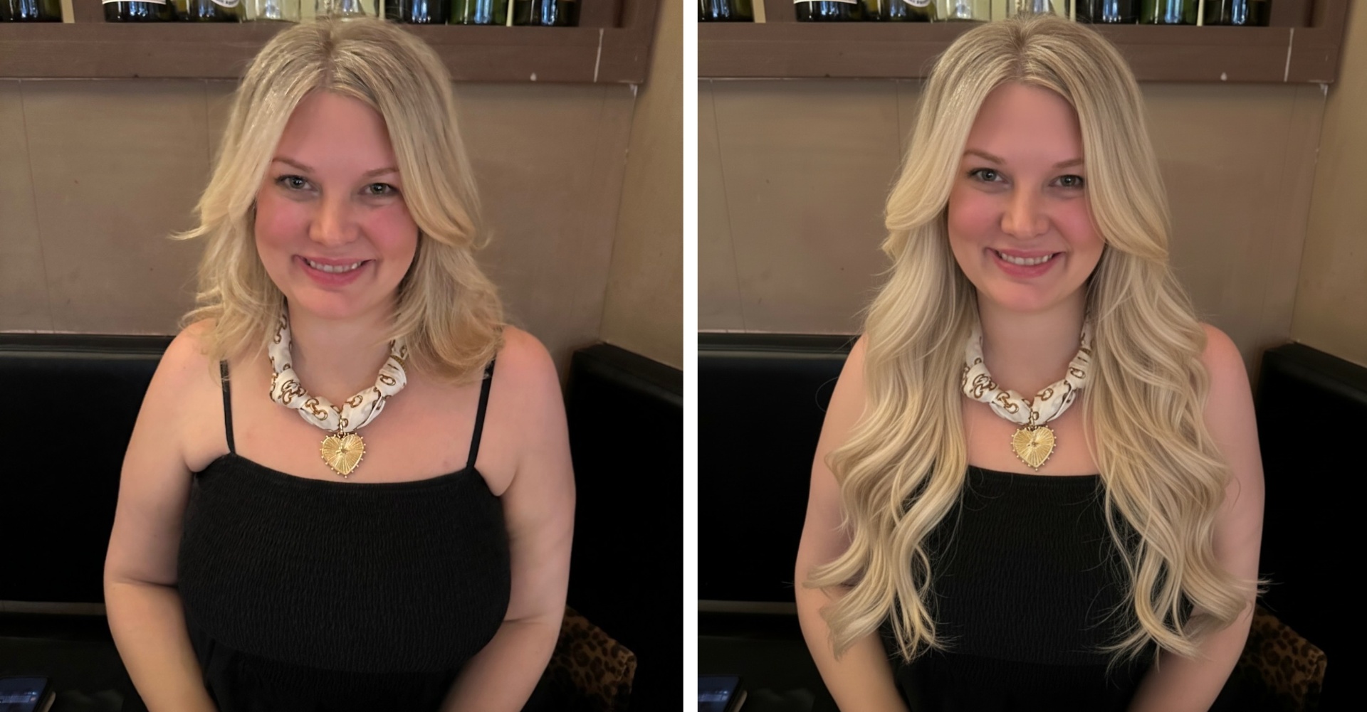 Before and after photo of a client with Dream Hair extensions — natural blonde lengthened and styled