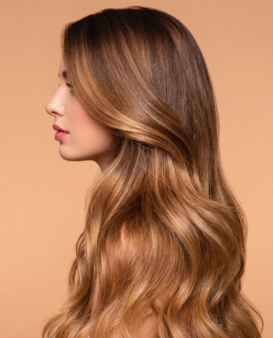 Model with Caramel Satin hair extensions